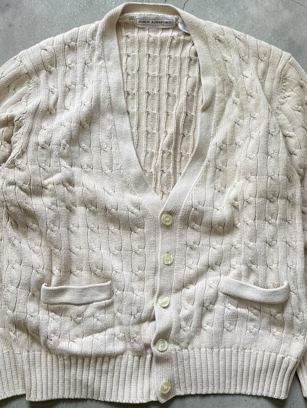 Vintage John Ashford Cable Knit Cardigan Sweater Mens Medium White Old Money